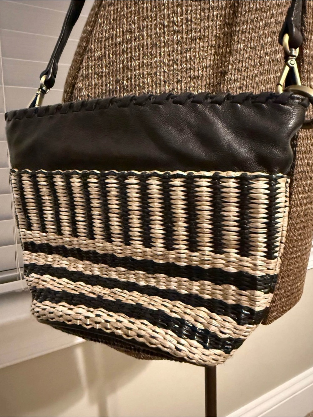 Johnny Was Woven Straw Crossbody Bag with Black Trim